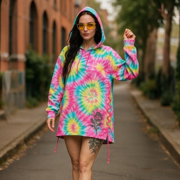 Club Exx Oversized Tie-Dye Hoodie W/ Lace-Up Sides & Fleece Lining – NWT 1X - Picture 6 of 6